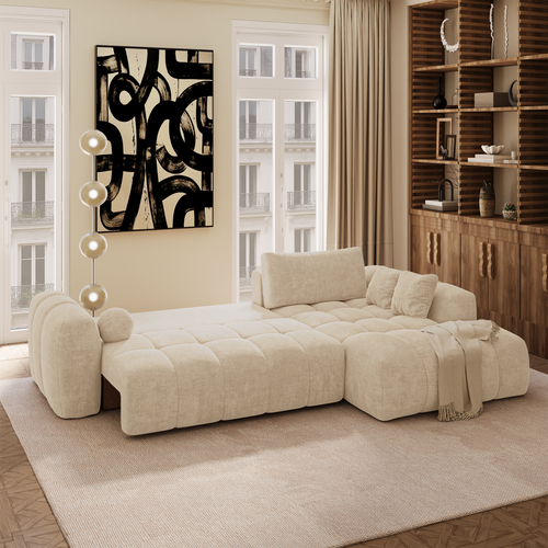 Premium Interiors - Rechthoekige hoekbank met slaapfunctie en opbergruimte SKY - kruisbinding  beige 310cm