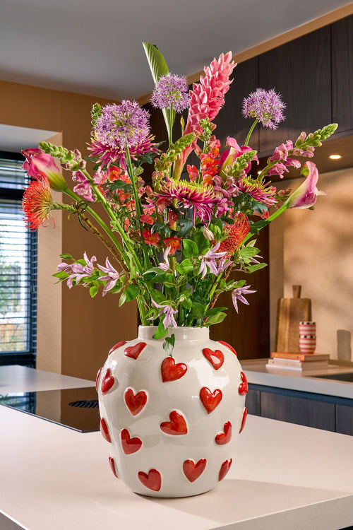 Mica Decorations  Hearts Vaas - H33 x Ø30 cm - Keramiek - Wit, Rood