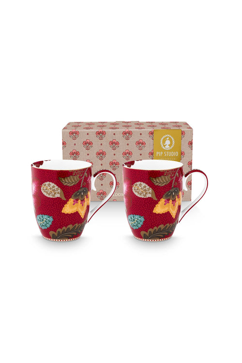 Pip Studio - Blooming Tales Fantasy Dark Red - Set van 2 Mokken Large - Koffiekopjes - 365ml
