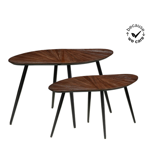 Mica Decorations Dane Bijzettafel Set van 2 - Bruin - Organisch Design - Zwarte Metalen Poten - L79 X B39 X H45 cm