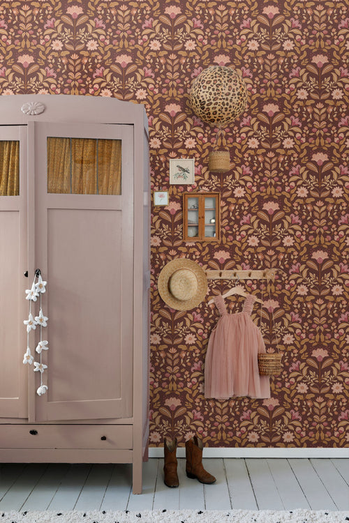 ESTAhome behang vintage bloemen mauve paars en groen - 50 x 900 cm - 131895