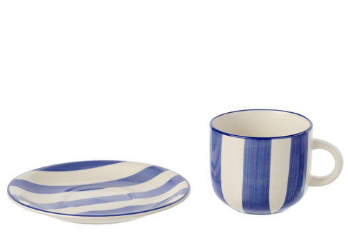 J-Line kopje + schoteltje Gestreept - keramiek - blauw/wit - 6 stuks