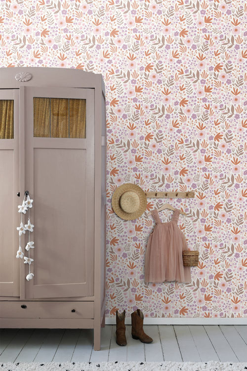 ESTAhome behang bloemetjes oranje en paars - 50 x 900 cm - 131067