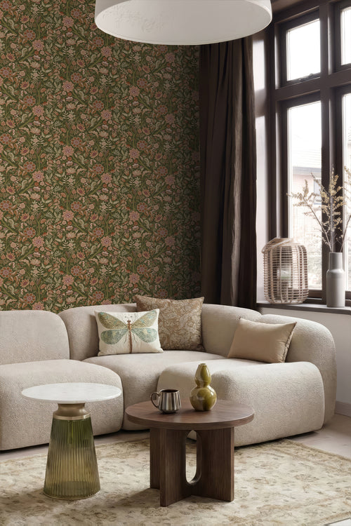 ESTAhome behang vintage bloemen donkergroen en terracotta bruin - 53 cm x 10.05 m - 131334