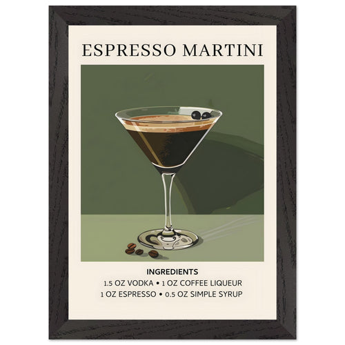 Artfulprints Poster met Lijst Espresso Martini cocktail - Ingrediënten   - A4 21x29.7 cm - Donkergroen