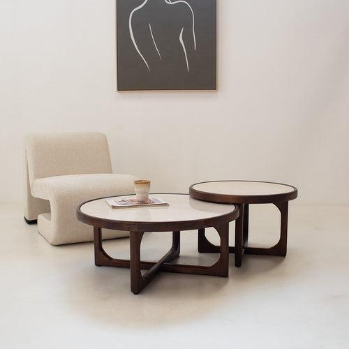 Giga Meubel Salontafel Ayase Rond - Marmer/Hout - Donkerbruin - Set van 2 - vtwonen shop