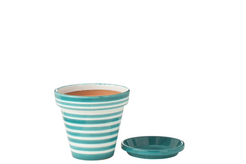 J-Line bloempot Granada Stripes Handmade + Painted - keramiek - aqua - medium - Ø 27 cm