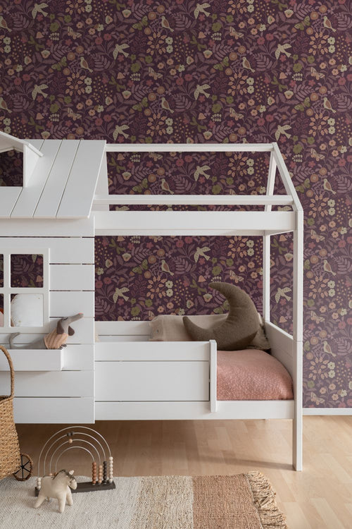 ESTAhome behang bloemen en vogels aubergine paars - 0.53 x 10.05 m - 131639