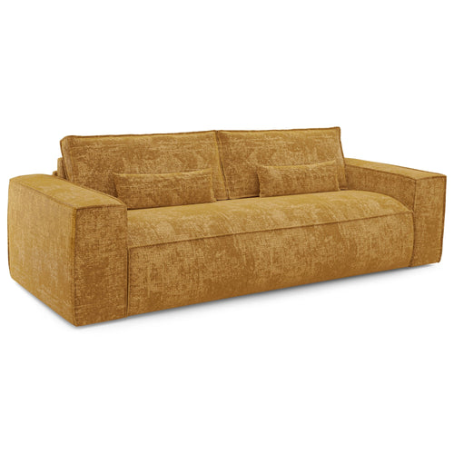 Premium Interiors - Snel uitklapbare slaapbank JUNE - gewaafd fluweel mosterd 216cm