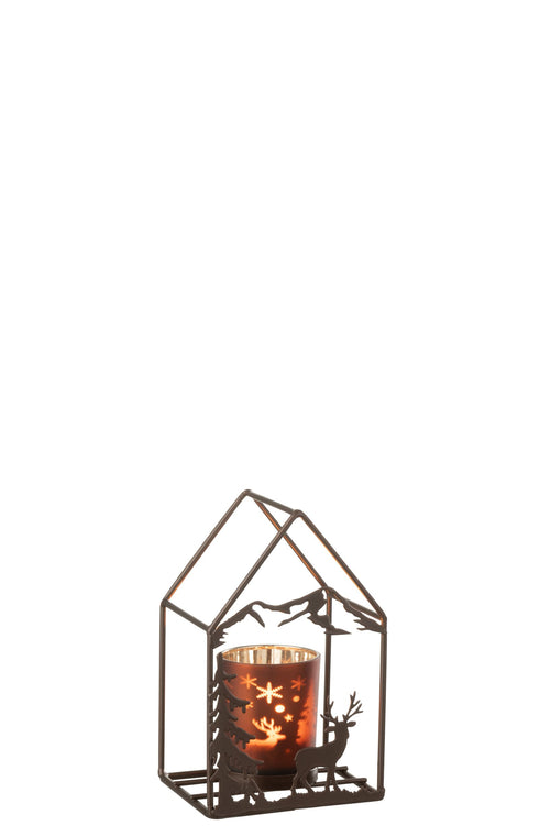 J-Line theelichthouder Huis 1 - glas/ijzer - roestbruin/bruin