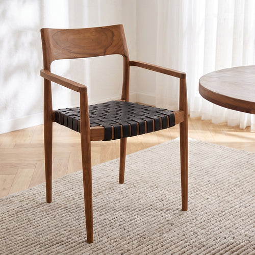 Raw materials teak eetkamerstoel Freya - zwart leer - 54x45x80 cm
