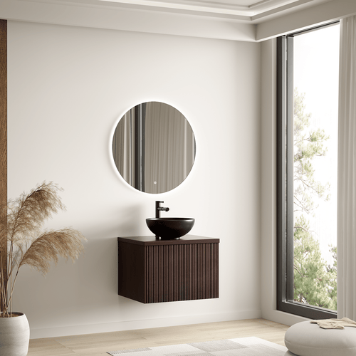LOMAZOO badkamermeubel Messina - geribbeld - zwevend - opbouw - zwarte waskom - walnoot - 60 cm