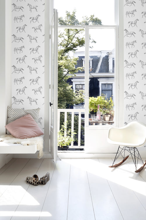 ESTAhome behang getekende paarden zwart op wit - 53 cm x 10.05 m - 128807