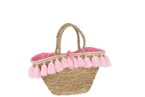 J-Line strandtas Kwasten - jute/textiel - naturel/roze - vtwonen shop