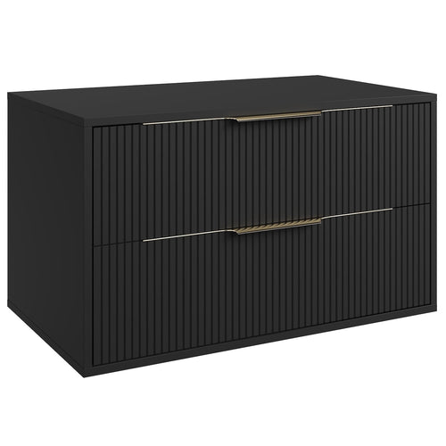 Badplaats Wastafelkast Rimini 80 cm – Mat Zwart – Hangend Badmeubel met 2 Lades en Gouden Handgrepen