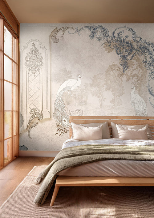 Sanders & Sanders fotobehang Oosters landschap met pauwen beige - 375 x 270 cm - 600975 - vtwonen shop