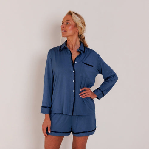 Coco & Cici - TENCEL Pyjama Set Shirt & Short Dames Donker Blauw - L