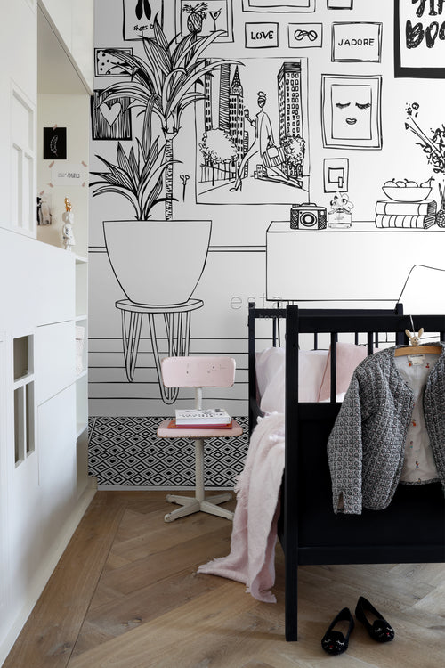 ESTAhome fotobehang tekening woonkamer zwart wit - 325.5 x 279 cm - 159097