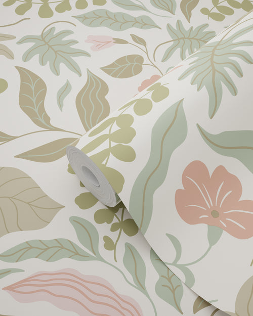 ESTAhome behang bladeren en bloemen vergrijsd groen en roze - 50 x 900 cm - 131050 - vtwonen shop