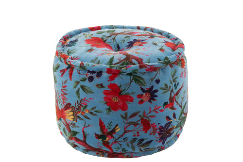 J-Line poef Rond Vogels Bloemen - katoen/fluweel - blauw