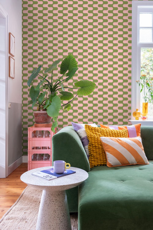 ESTAhome behang golvende lijnen groen en roze - 50 x 900 cm - 131835