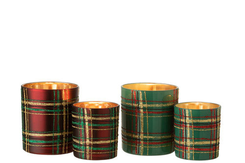 J-Line theelichthouder Geruit - glas - rood/groen - large - 2 stuks