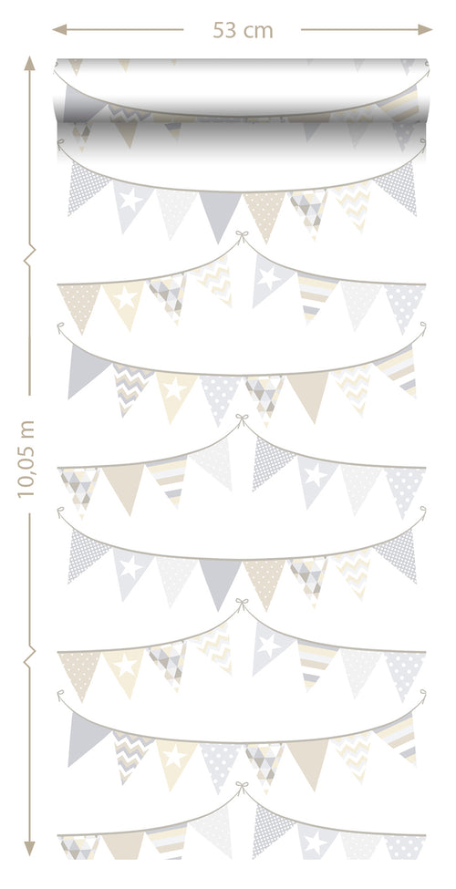 ESTAhome behang vlaggetjes lichtgrijs, beige en glanzend wit - 53 cm x 10.05 m - 128709