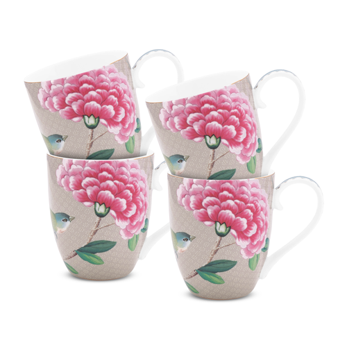 Pip Studio Blushing Birds Mokken - Servies - Set van 4 Kopjes - Khaki - 450ml - vtwonen shop