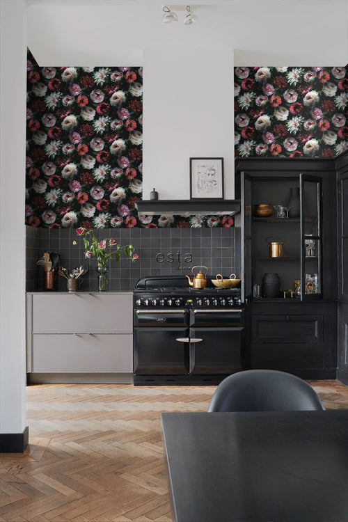 ESTAhome behang bloemen roze, zwart en donkergroen - 53 cm x 10.05 m - 139168 - vtwonen shop