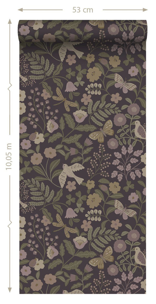 ESTAhome behang bloemen en vogels paars 53 cm x 10.05 m 139871