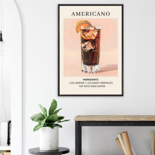 Artfulprints Poster met Lijst Americano cocktail - Ingrediënten   - A4 21x29.7 cm - Roze