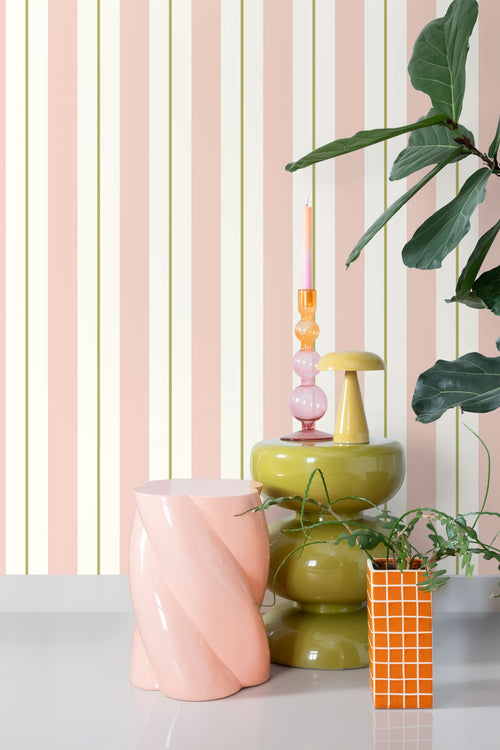 ESTAhome behang strepen licht roze en olijfgroen - 50 x 900 cm - 131478 - vtwonen shop