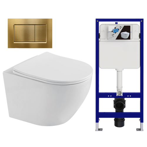 LOMAZOO hangtoiletset Linea - met inbouwreservoir & vierkante drukplaat - rond - goud / wit