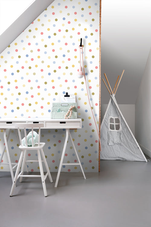 ESTAhome behang stip blauw, roze, groen en geel - 50 x 900 cm - 131620