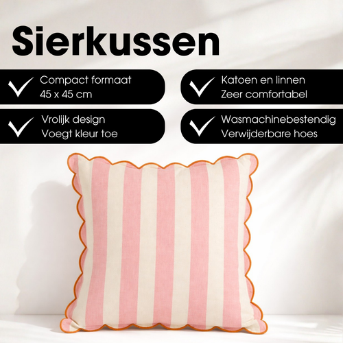 Mica Decorations Gestreept Sierkussen - Kussen met Kussenhoes - Woondecoratie Woonkamer - 45 x 45 x 10 cm - Katoen, Linnen, Polyester - Roze,