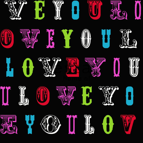 ESTAhome behang love you - quotes multicolor op zwart - 53 cm x 10.05 m - 136839