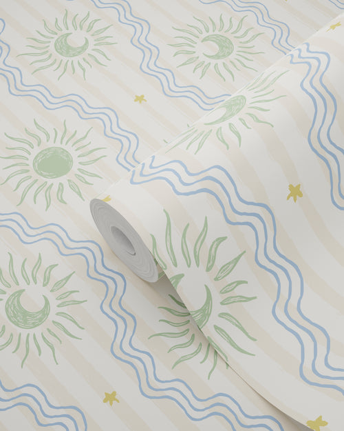 ESTAhome behang retro ornamenten beige, blauw en groen - 50 x 900 cm - 132015