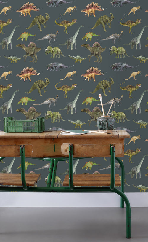 Sanders & Sanders behang dinosaurussen donkerblauw en groen - 50 x 900 cm - 935370