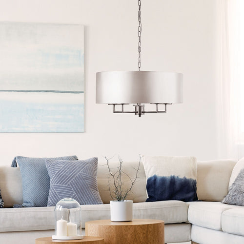 Searchlight KNIGHTSBRIDGE - Hanglamp van satijnzilver met 5 lampen en kap van zilver imitatiezijde