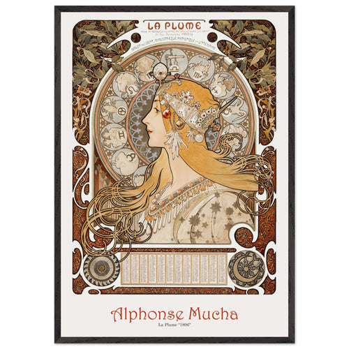 Artfulprints Poster met Lijst Alphonse Mucha - La plume   - 70x100 cm - Bruin