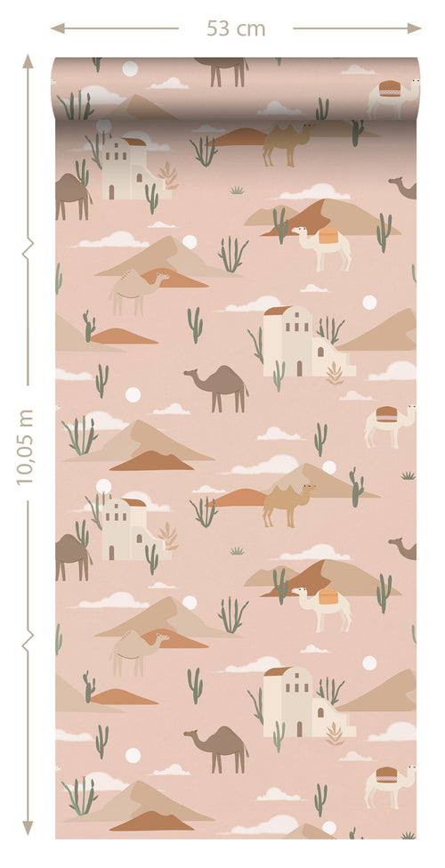 ESTAhome behang kamelen en cactussen terracotta roze - 50 x 900 cm - 139703 - vtwonen shop