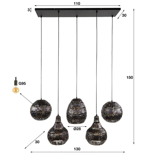 Giga Meubel Hanglamp Strip - Zwart/Bruin Metaal - 5-Lichts - 130x30x150cm