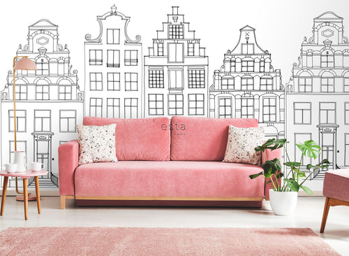 ESTAhome fotobehang getekende Amsterdamse grachtenhuisjes zwart en wit - 450 x 279 cm - 159104 - vtwonen shop