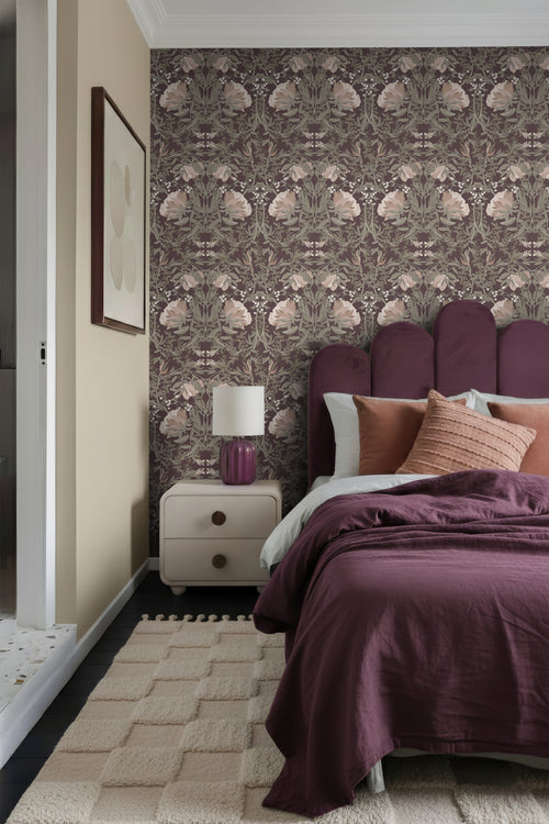 ESTAhome behang vintage bloemen in art nouveau stijl aubergine paars - 50 x 900 cm - 139694