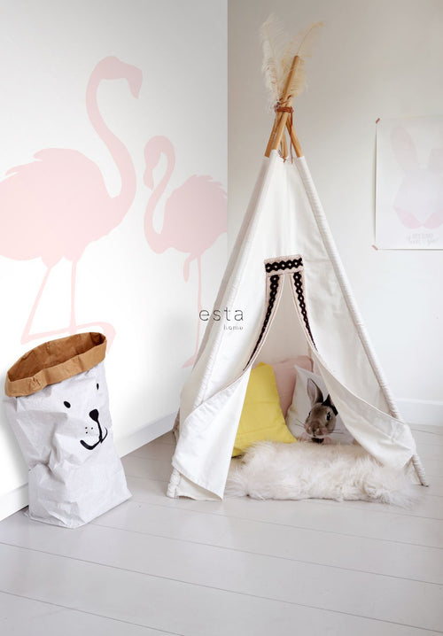 ESTAhome fotobehang flamingo's moeder en kind licht roze en wit - 186 x 279 cm - 158838