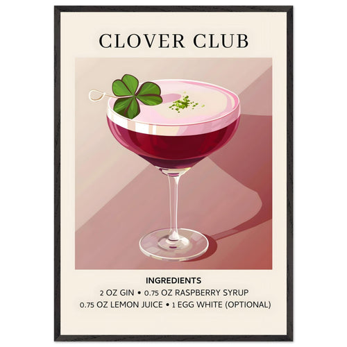 Artfulprints Poster met Lijst Clover Club cocktail - Ingrediënten   - 70x100 cm - Roze
