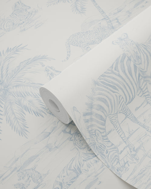 ESTAhome behang jungle dieren lichtblauw en wit - 50 x 900 cm - 132120