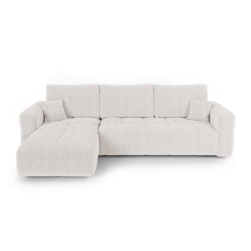 Premium Interiors - Linkshoekbank met slaapfunctie en opbergruimte VIBE - zacht aanvoelende geweven stof crème 286cm
