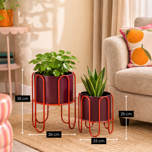 Mica Decorations Dione Bloempot op Standaard - Plantenpot Set van 2 - Plantenstandaard H35 x Ø26 cm - Plantenhouder van Metaal - Pottenset - Rood