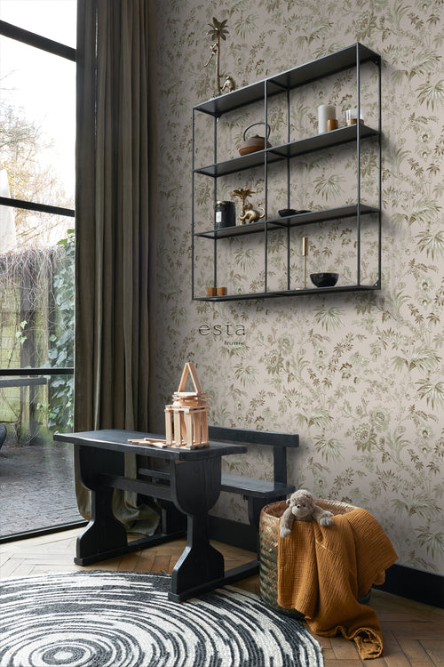 ESTAhome behang vintage bloemen oudroze en olijfgroen - 53 cm x 10.05 m - 139401